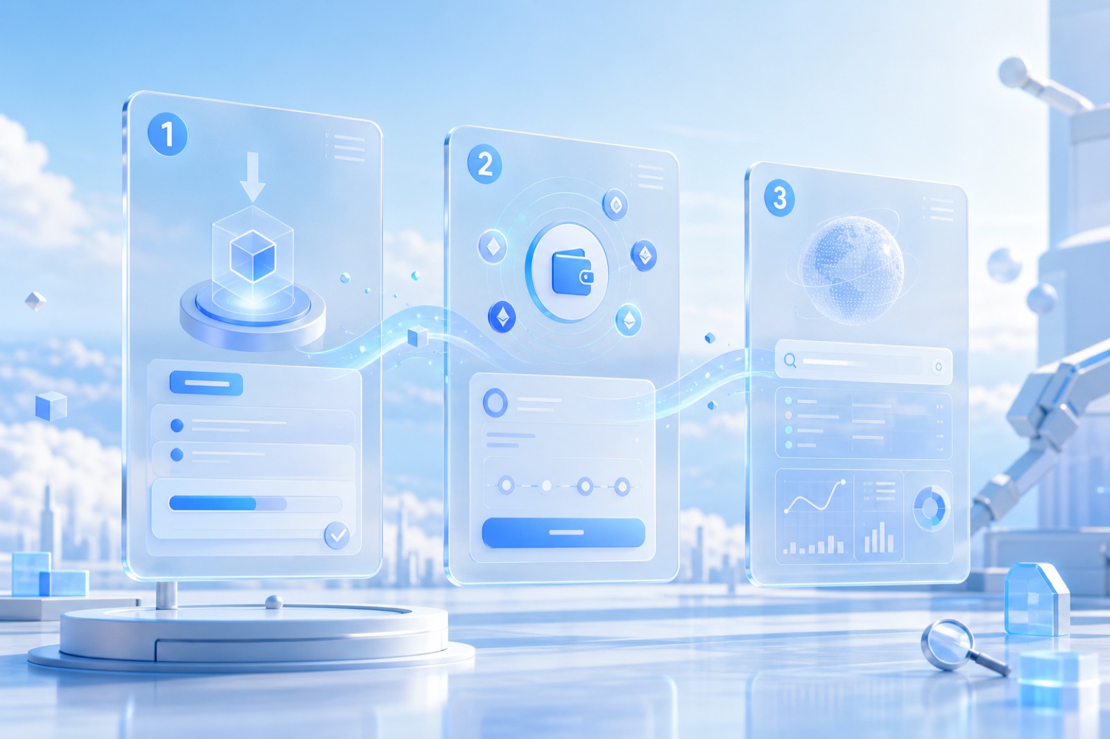 Operator workflow panels from license payment to staging rehearsal